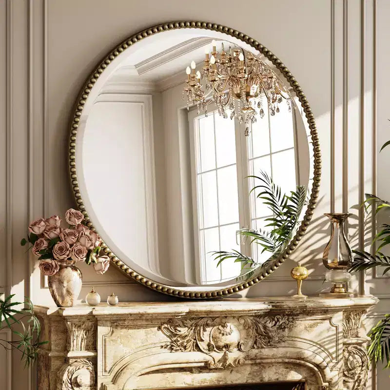 BEAUTYPEAK Specchio da Parete Rotondo Decorativo con Perline Specchio da Bagno con Cornice in Resina
