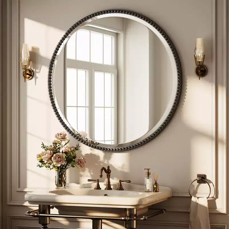 BEAUTYPEAK Specchio da Parete Rotondo Decorativo con Perline Specchio da Bagno con Cornice in Resina