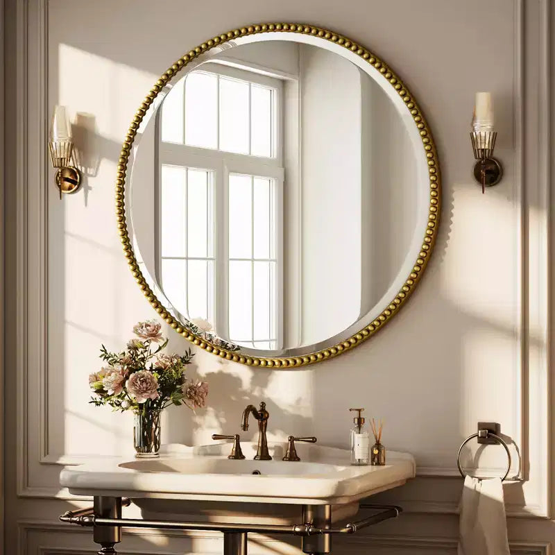 BEAUTYPEAK Specchio da Parete Rotondo Decorativo con Perline Specchio da Bagno con Cornice in Resina