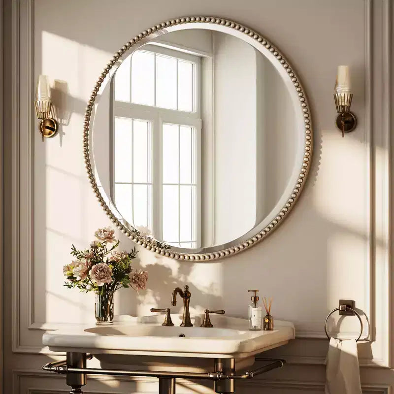 BEAUTYPEAK Specchio da Parete Rotondo Decorativo con Perline Specchio da Bagno con Cornice in Resina