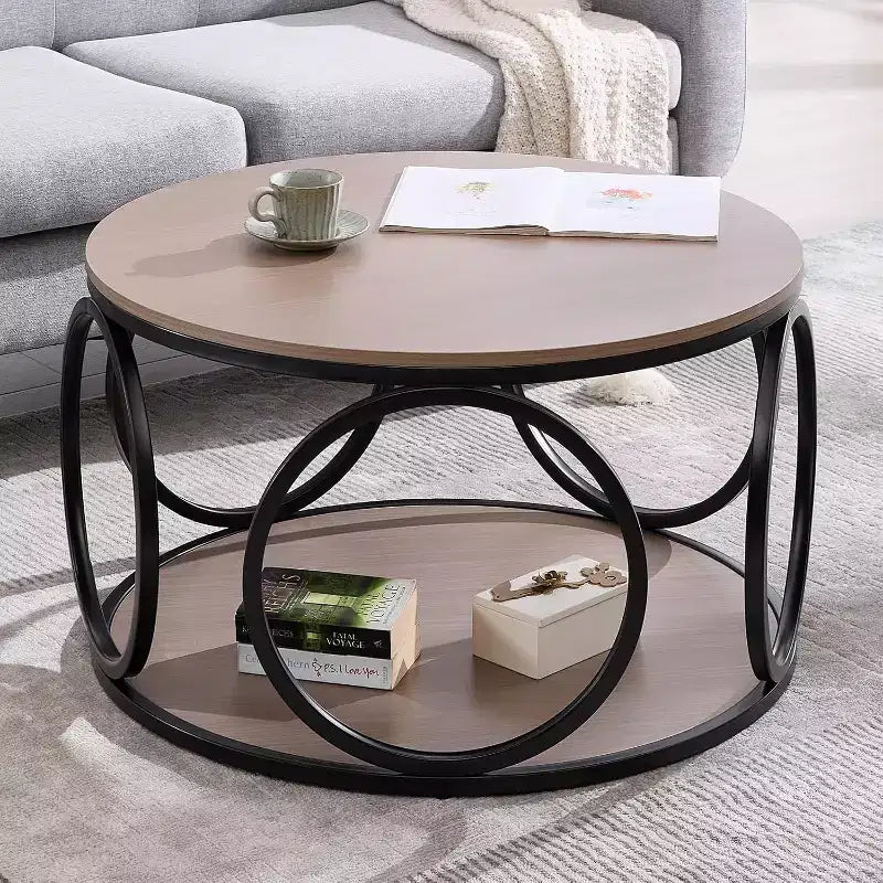 Tavolino da caffè rotondo industriale a 2 livelli Bekrvio 31.5, tavolino da caffè rotondo moderno in legno con robusta struttura circolare in metallo per soggiorno, noce