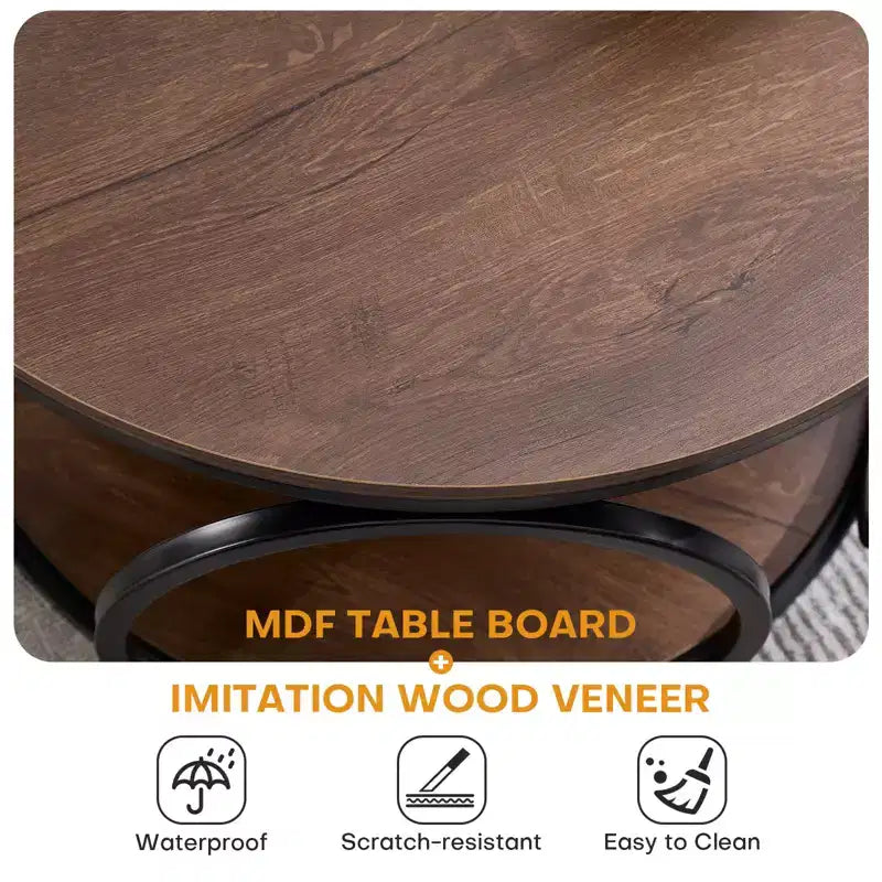 Tavolino da caffè rotondo industriale a 2 livelli Bekrvio 31.5, tavolino da caffè rotondo moderno in legno con robusta struttura circolare in metallo per soggiorno, noce