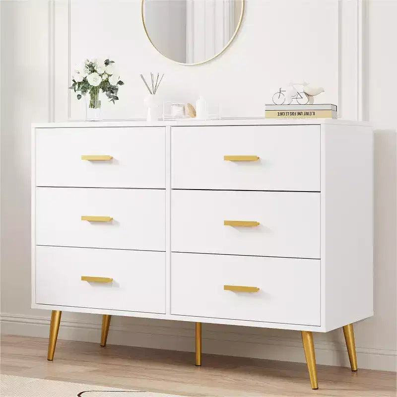 Cassettiera a 6 cassetti, cassettiera moderna in legno con maniglie dorate e spazio contenitivo, comò per camera da letto, corridoio, soggiorno e ingresso