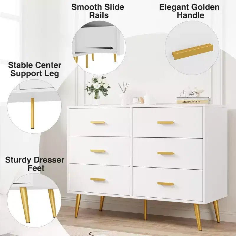 Cassettiera a 6 cassetti, cassettiera moderna in legno con maniglie dorate e spazio contenitivo, comò per camera da letto, corridoio, soggiorno e ingresso