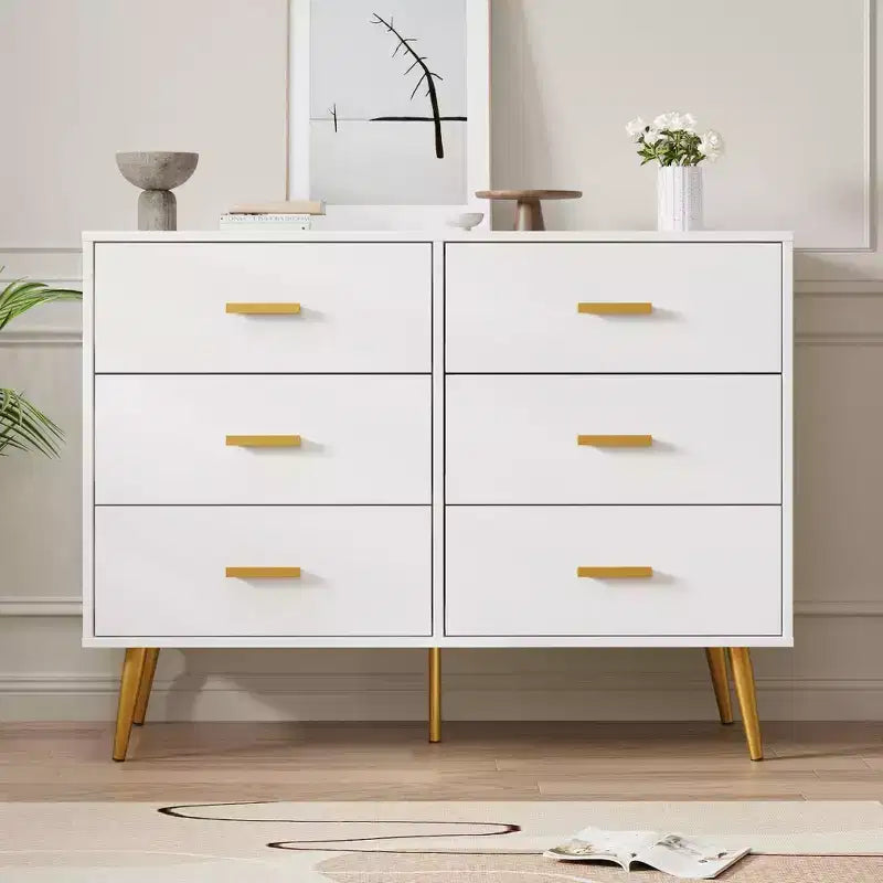 Cassettiera a 6 cassetti, cassettiera moderna in legno con maniglie dorate e spazio contenitivo, comò per camera da letto, corridoio, soggiorno e ingresso