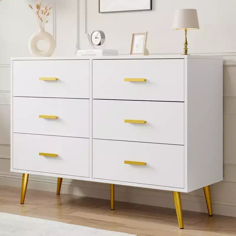Cassettiera a 6 cassetti, cassettiera moderna in legno con maniglie dorate e spazio contenitivo, comò per camera da letto, corridoio, soggiorno e ingresso