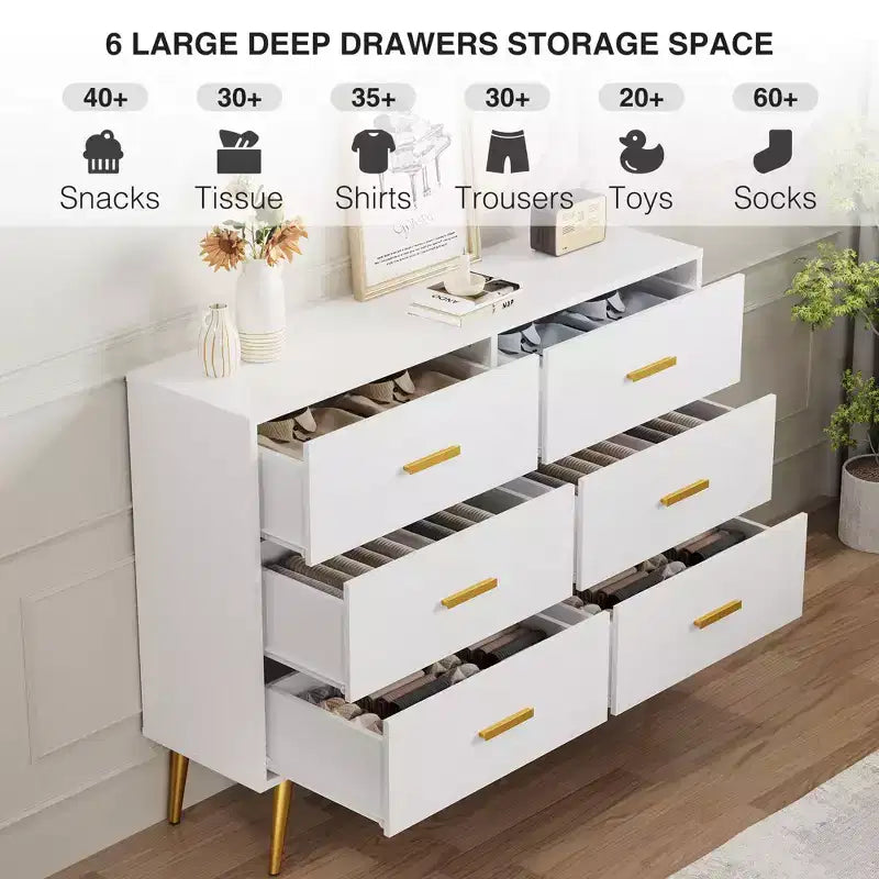 Cassettiera a 6 cassetti, cassettiera moderna in legno con maniglie dorate e spazio contenitivo, comò per camera da letto, corridoio, soggiorno e ingresso