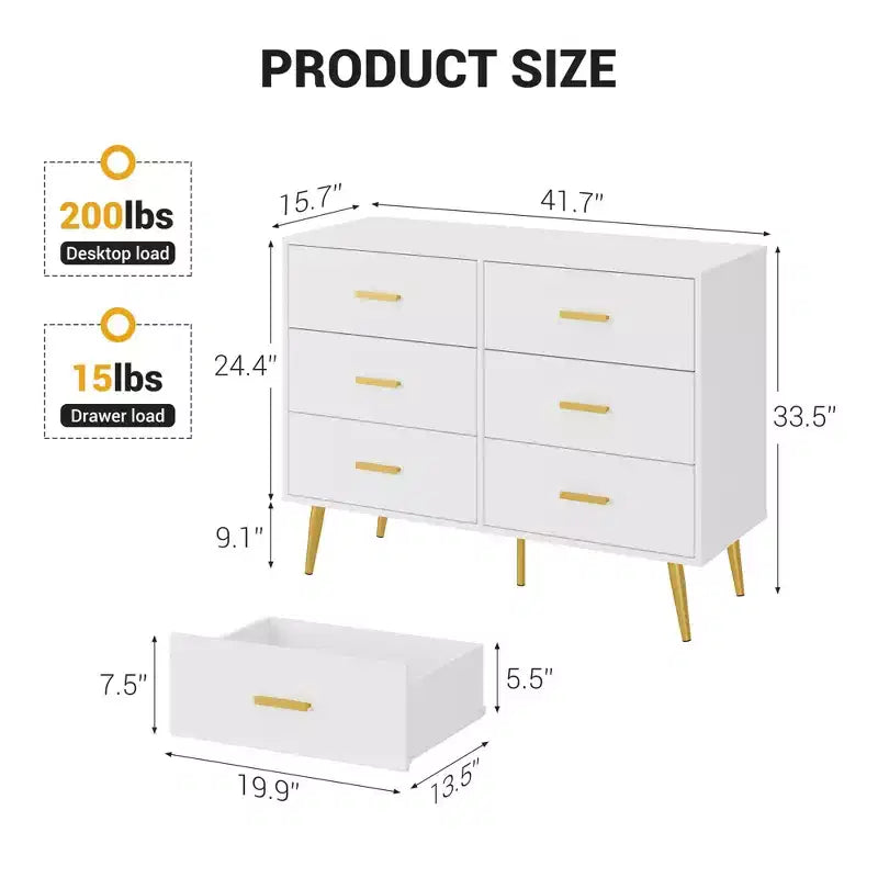 Cassettiera a 6 cassetti, cassettiera moderna in legno con maniglie dorate e spazio contenitivo, comò per camera da letto, corridoio, soggiorno e ingresso