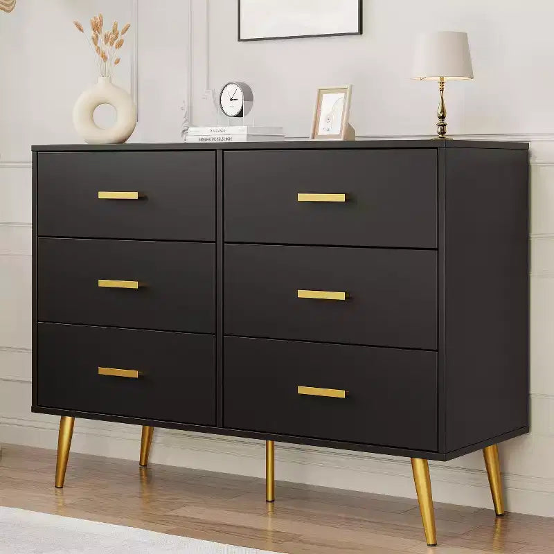 Cassettiera a 6 cassetti, cassettiera moderna in legno con maniglie dorate e spazio contenitivo, comò per camera da letto, corridoio, soggiorno e ingresso
