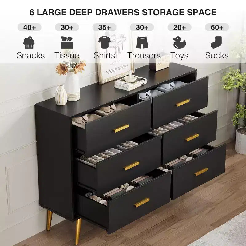Cassettiera a 6 cassetti, cassettiera moderna in legno con maniglie dorate e spazio contenitivo, comò per camera da letto, corridoio, soggiorno e ingresso