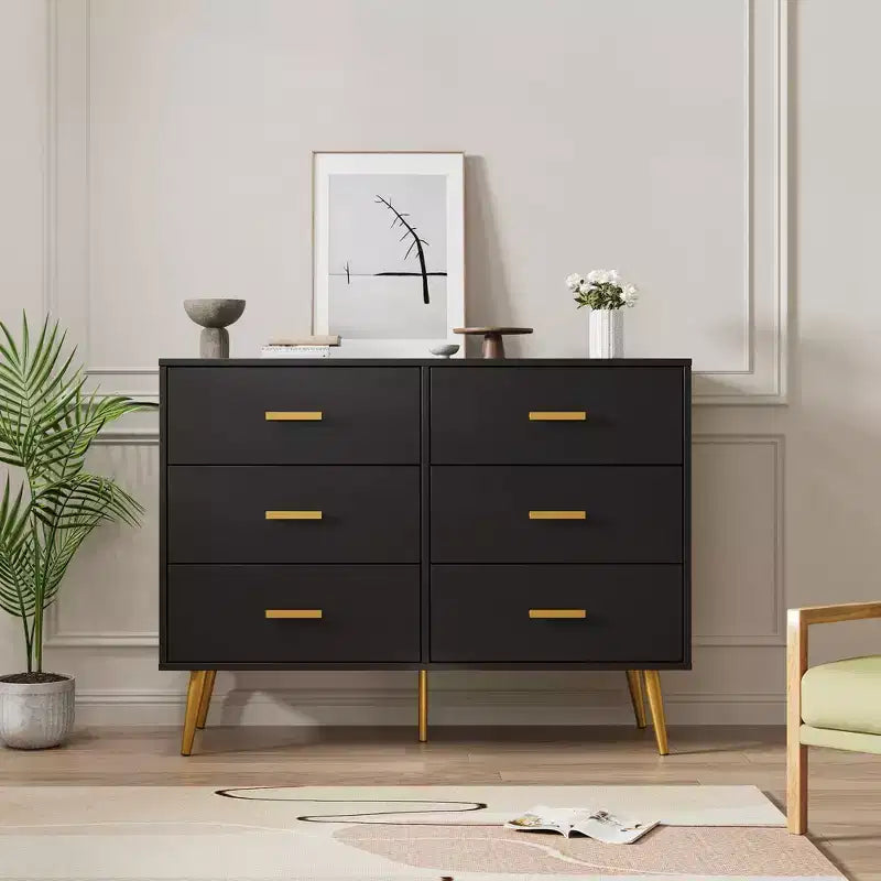 Cassettiera a 6 cassetti, cassettiera moderna in legno con maniglie dorate e spazio contenitivo, comò per camera da letto, corridoio, soggiorno e ingresso