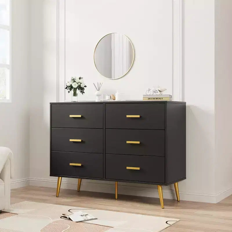 Cassettiera a 6 cassetti, cassettiera moderna in legno con maniglie dorate e spazio contenitivo, comò per camera da letto, corridoio, soggiorno e ingresso