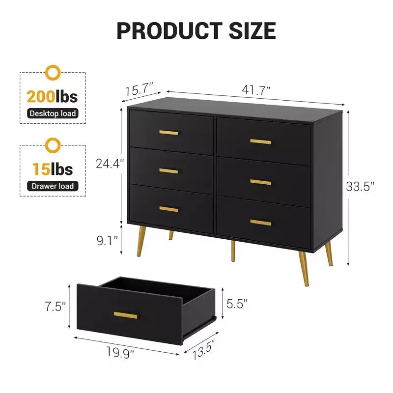 Cassettiera a 6 cassetti, cassettiera moderna in legno con maniglie dorate e spazio contenitivo, comò per camera da letto, corridoio, soggiorno e ingresso