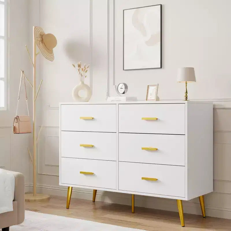 Cassettiera a 6 cassetti, cassettiera moderna in legno con maniglie dorate e spazio contenitivo, comò per camera da letto, corridoio, soggiorno e ingresso