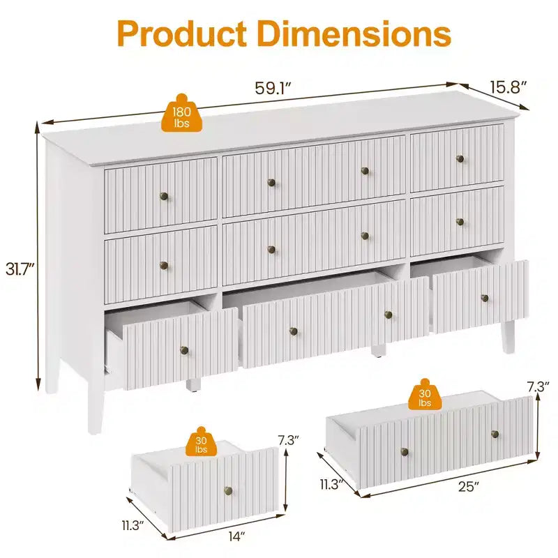 Cassettiera Heynemo Fluted a 9 cassetti, comò moderno largo 150 cm con maniglie in metallo, porta TV con organizer per camera da letto, soggiorno, bianco