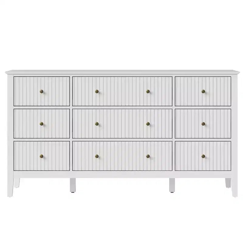 Cassettiera Heynemo Fluted a 9 cassetti, comò moderno largo 150 cm con maniglie in metallo, porta TV con organizer per camera da letto, soggiorno, bianco