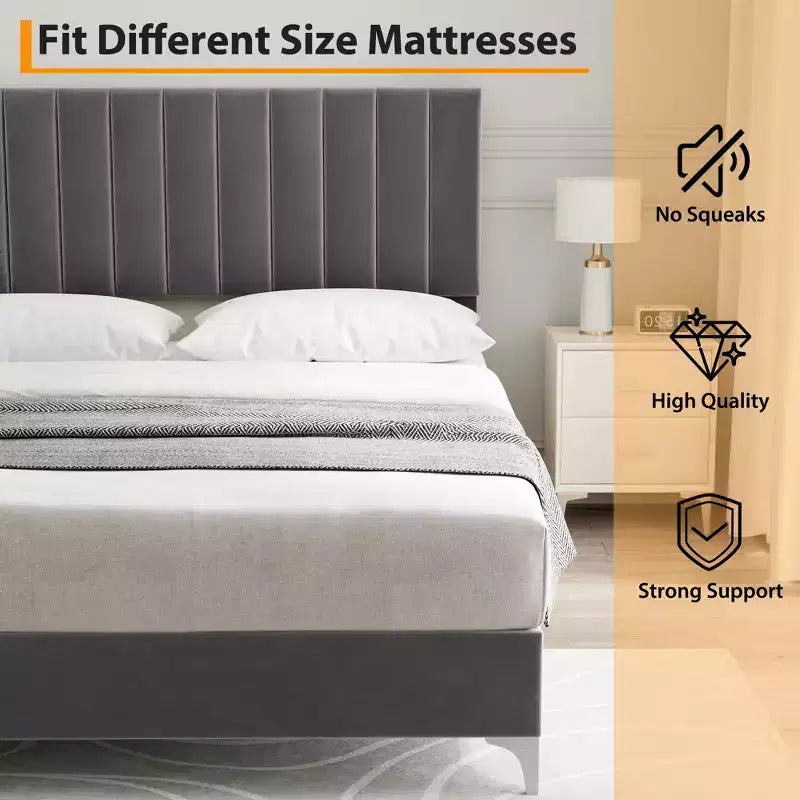 Struttura letto matrimoniale, rivestimento in velluto, testiera regolabile, silenzioso, non necessita di rete a molle, supporto a doghe in legno, grigio