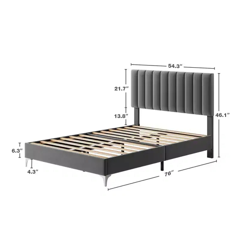 Struttura letto matrimoniale, rivestimento in velluto, testiera regolabile, silenzioso, non necessita di rete a molle, supporto a doghe in legno, grigio