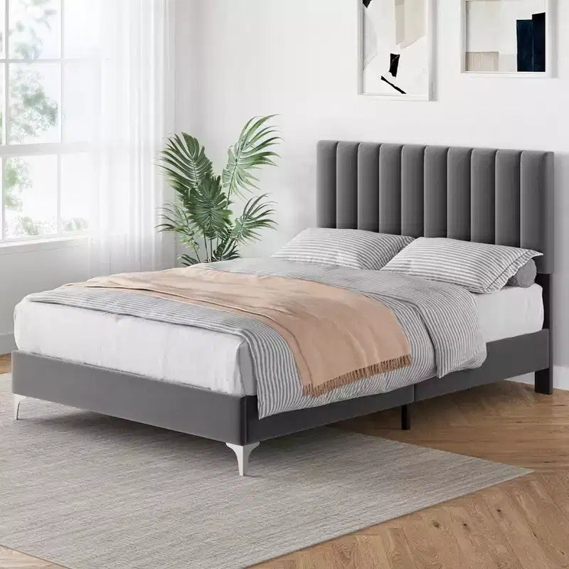 Struttura letto matrimoniale, rivestimento in velluto, testiera regolabile, silenzioso, non necessita di rete a molle, supporto a doghe in legno, grigio