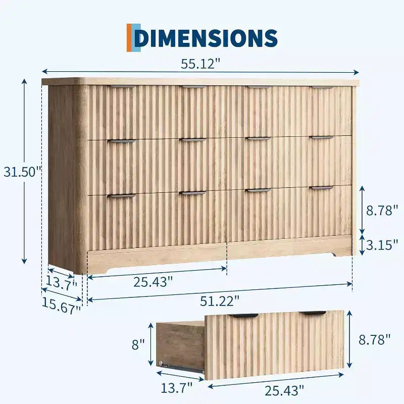 Comò Acekool a 6 cassetti scanalato Mobile contenitore moderno con design ondulato e robusto piano in legno