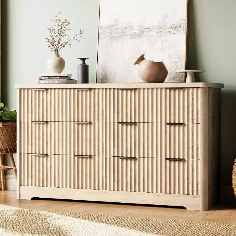 Comò Acekool a 6 cassetti scanalato Mobile contenitore moderno con design ondulato e robusto piano in legno