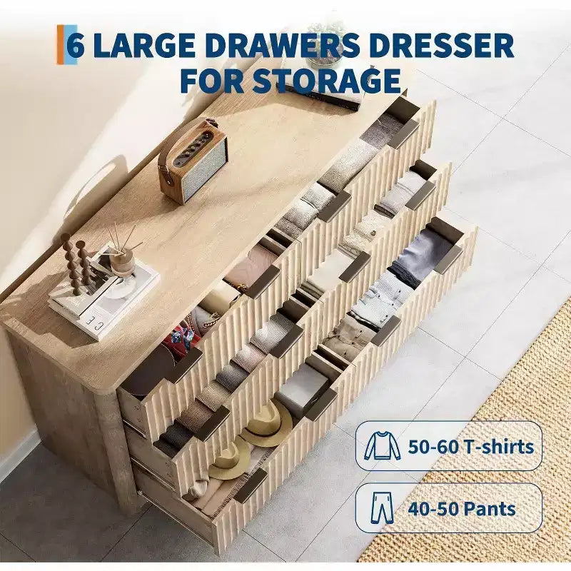 Comò Acekool a 6 cassetti scanalato Mobile contenitore moderno con design ondulato e robusto piano in legno