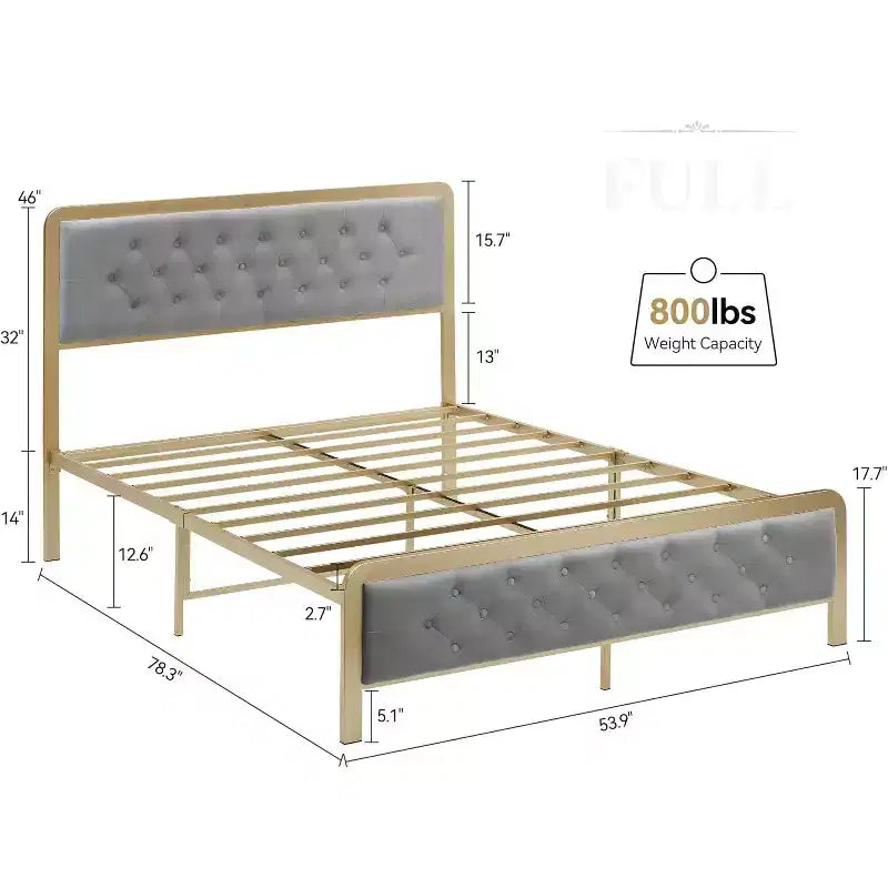 Letto matrimoniale imbottito dorato con testiera capitonné - Metallo resistente, 12,6" di spazio contenitivo, nessuna rete a molle necessaria, facile montaggio (grigio)