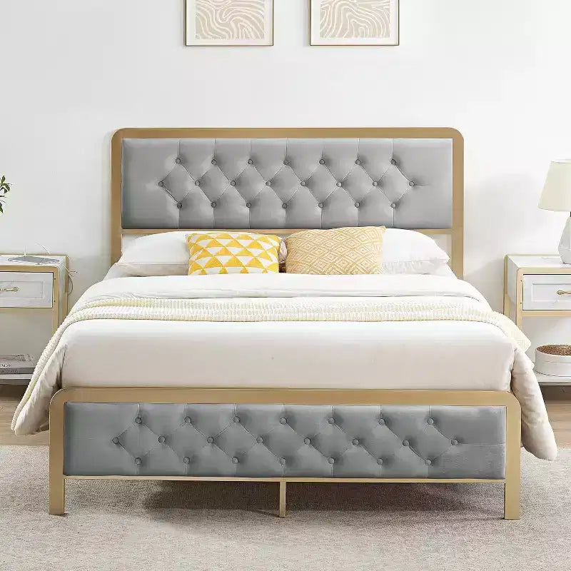 Letto matrimoniale imbottito dorato con testiera capitonné - Metallo resistente, 12,6" di spazio contenitivo, nessuna rete a molle necessaria, facile montaggio (grigio)