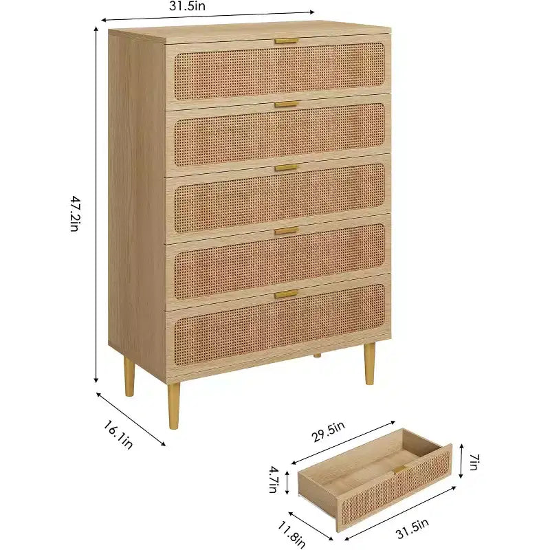 Cassettiera alta a 5 cassetti in rattan, cassettone con spazio profondo, armadietto in legno da pavimento per camera da letto, ripostiglio, soggiorno