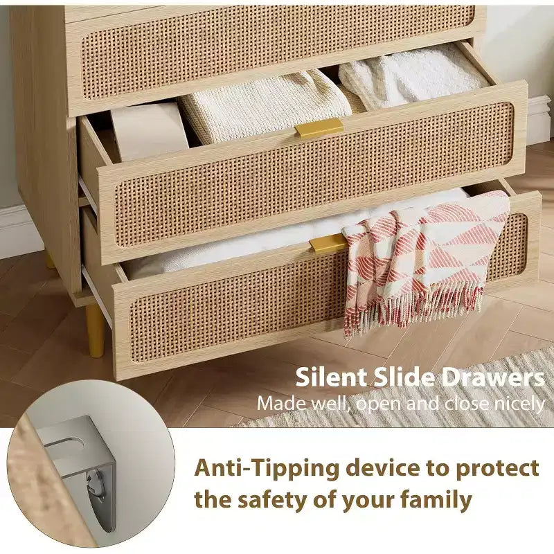 Cassettiera alta a 5 cassetti in rattan, cassettone con spazio profondo, armadietto in legno da pavimento per camera da letto, ripostiglio, soggiorno