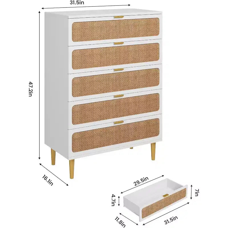 Cassettiera alta a 5 cassetti in rattan, cassettone con spazio profondo, armadietto in legno da pavimento per camera da letto, ripostiglio, soggiorno