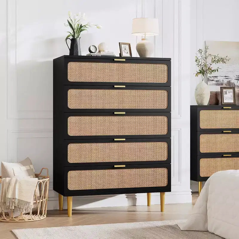 Cassettiera alta a 5 cassetti in rattan, cassettone con spazio profondo, armadietto in legno da pavimento per camera da letto, ripostiglio, soggiorno