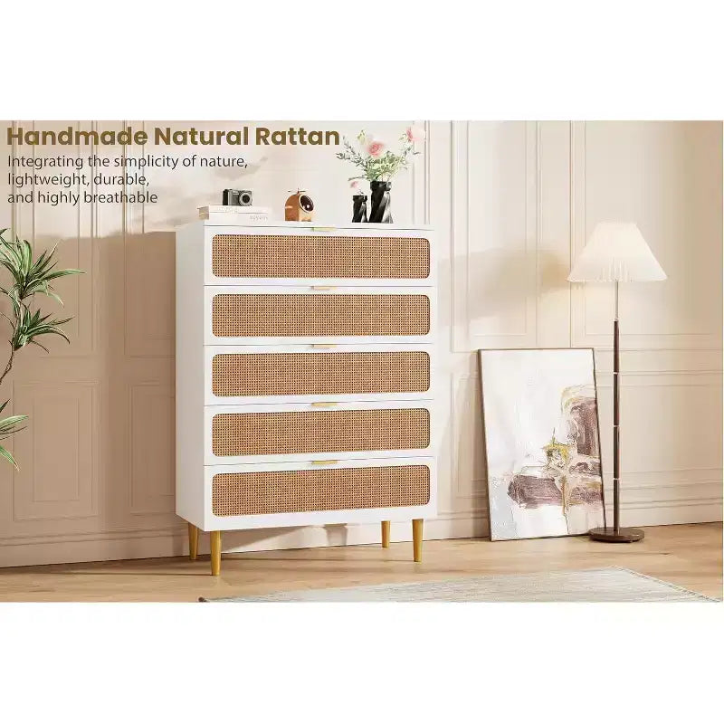 Cassettiera alta a 5 cassetti in rattan, cassettone con spazio profondo, armadietto in legno da pavimento per camera da letto, ripostiglio, soggiorno