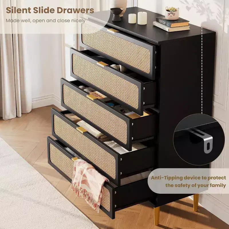 Cassettiera alta a 5 cassetti in rattan, cassettone con spazio profondo, armadietto in legno da pavimento per camera da letto, ripostiglio, soggiorno