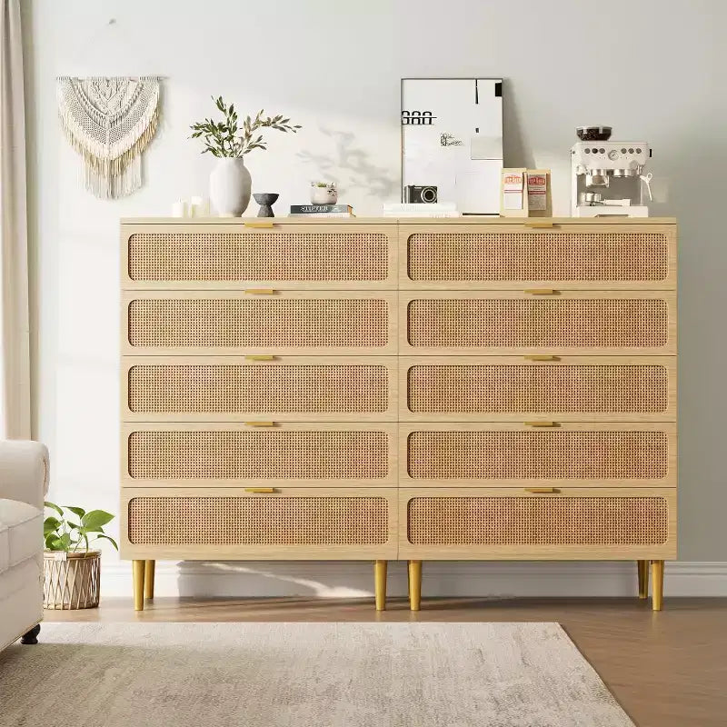 Cassettiera alta a 5 cassetti in rattan, cassettone con spazio profondo, armadietto in legno da pavimento per camera da letto, ripostiglio, soggiorno