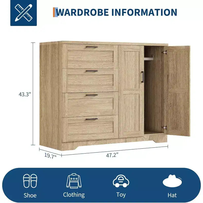 Acekool Armadio Guardaroba a 2 Ante con 4 Cassetti e Asta Appendiabiti