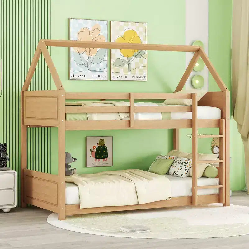 MAYEERTY Letto a Castello Doppio in Legno di Gomma con Scaletta, Sponde, Letto a Castello a Forma di Casetta Beige