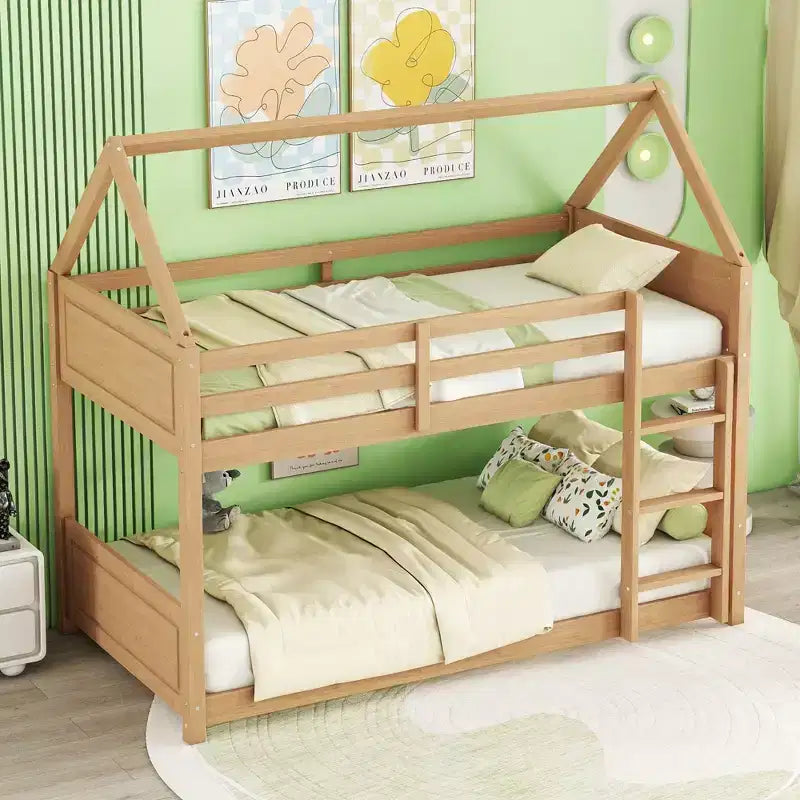 MAYEERTY Letto a Castello Doppio in Legno di Gomma con Scaletta, Sponde, Letto a Castello a Forma di Casetta Beige