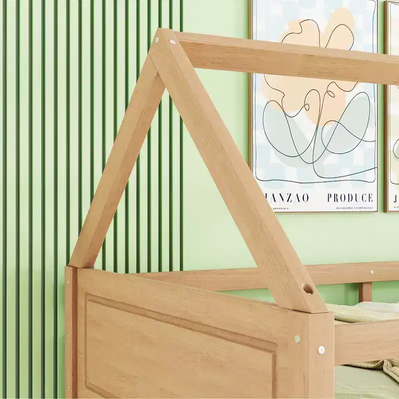 MAYEERTY Letto a Castello Doppio in Legno di Gomma con Scaletta, Sponde, Letto a Castello a Forma di Casetta Beige