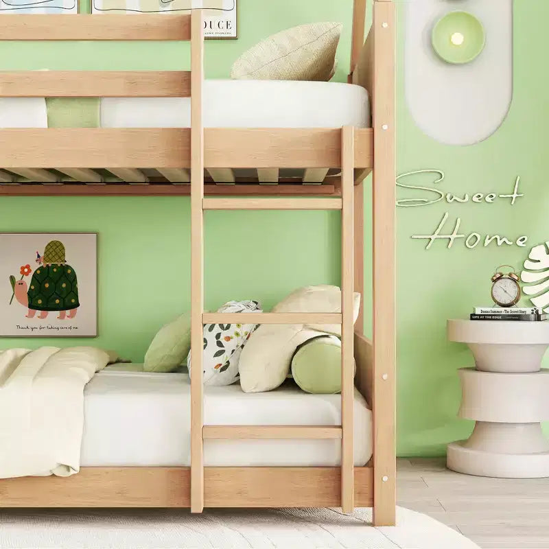 MAYEERTY Letto a Castello Doppio in Legno di Gomma con Scaletta, Sponde, Letto a Castello a Forma di Casetta Beige
