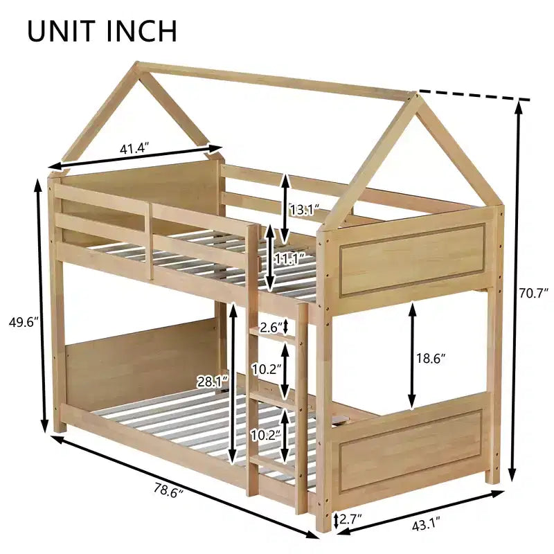 MAYEERTY Letto a Castello Doppio in Legno di Gomma con Scaletta, Sponde, Letto a Castello a Forma di Casetta Beige