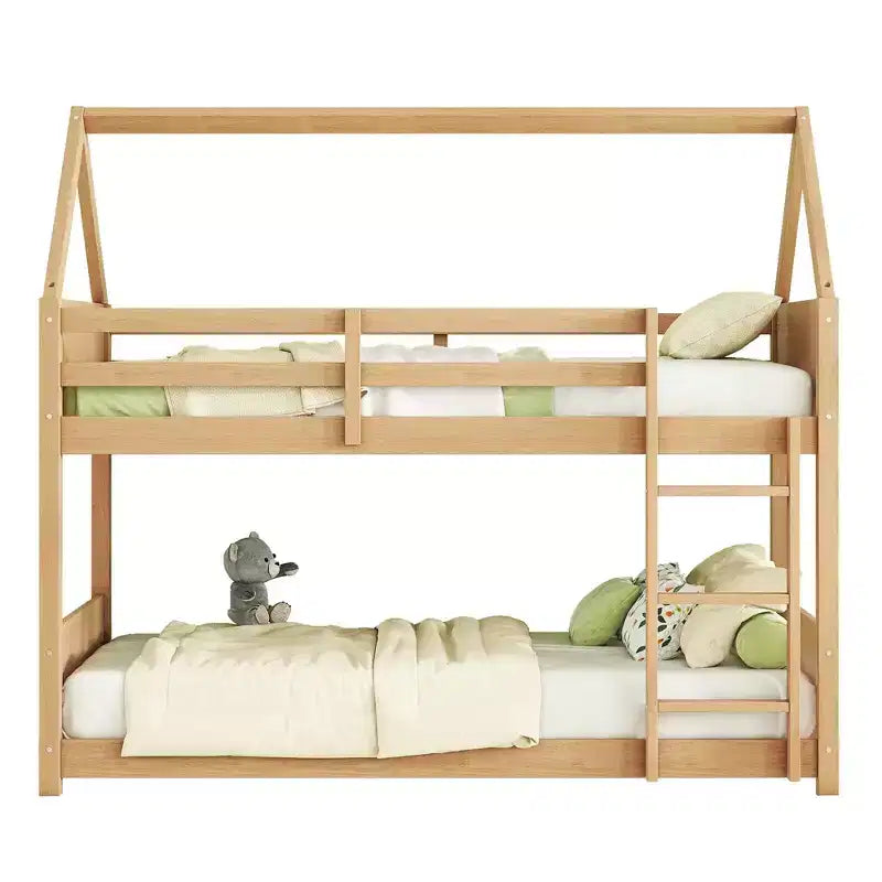 MAYEERTY Letto a Castello Doppio in Legno di Gomma con Scaletta, Sponde, Letto a Castello a Forma di Casetta Beige