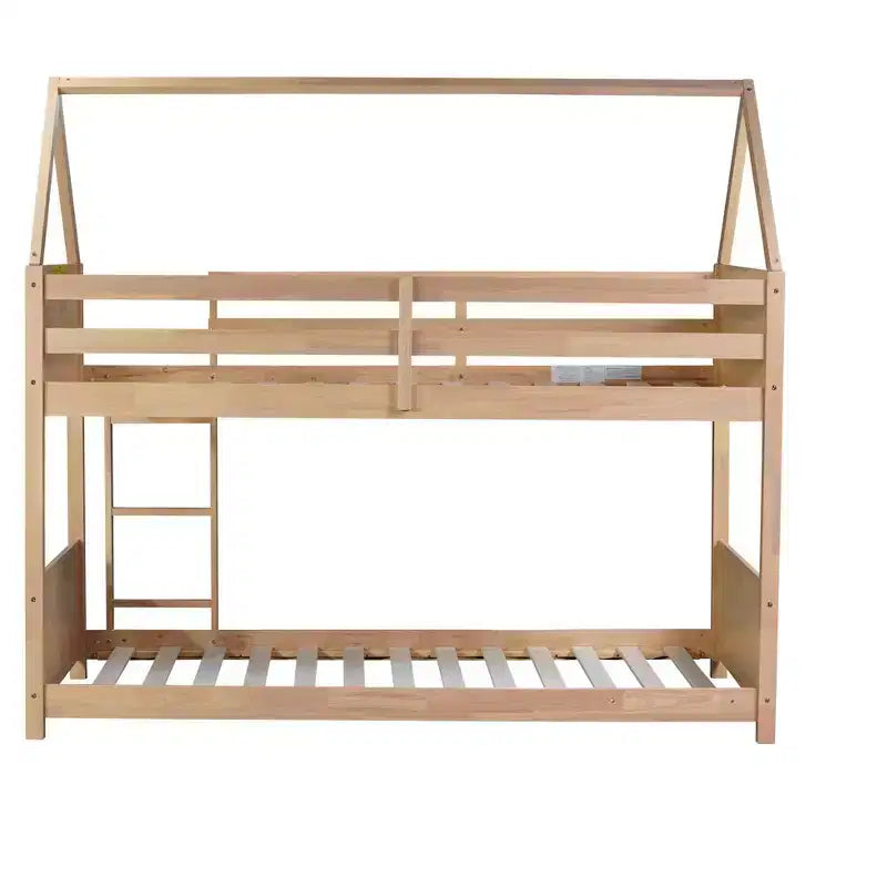 MAYEERTY Letto a Castello Doppio in Legno di Gomma con Scaletta, Sponde, Letto a Castello a Forma di Casetta Beige