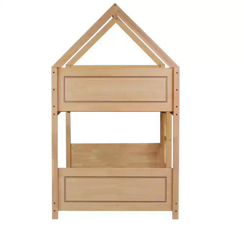 MAYEERTY Letto a Castello Doppio in Legno di Gomma con Scaletta, Sponde, Letto a Castello a Forma di Casetta Beige