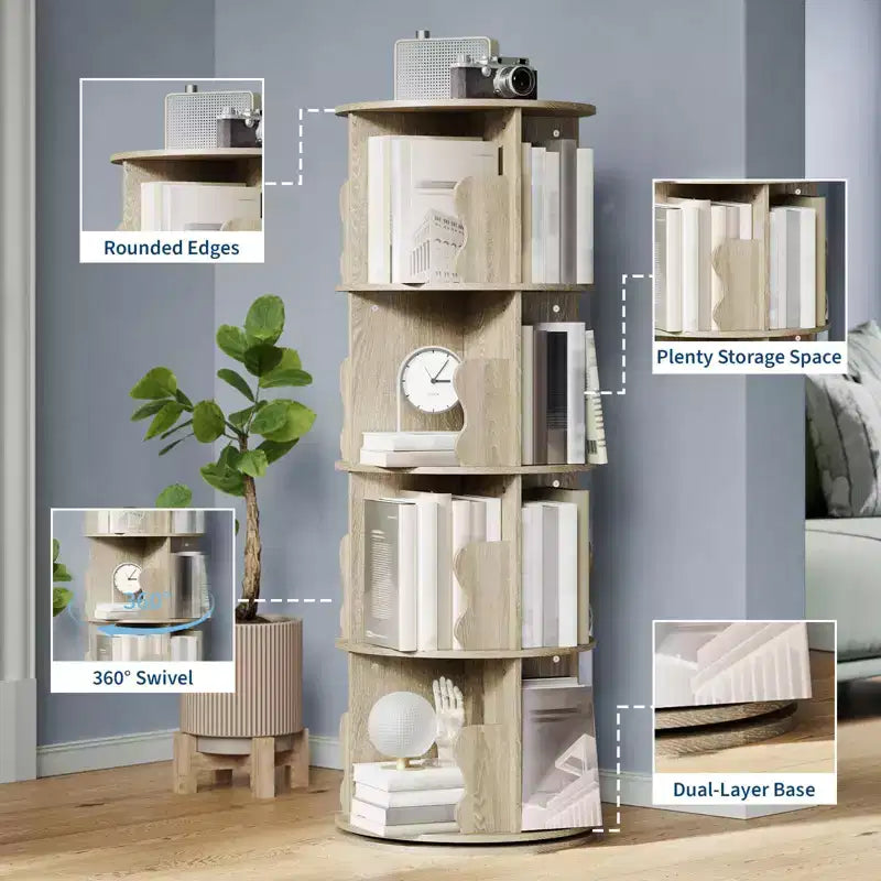 GustoWave Scaffale Girevole a Torre a 4 Livelli, Libreria in Legno Girevole a 360 Gradi Impilabile - Espositore Verticale Girevole