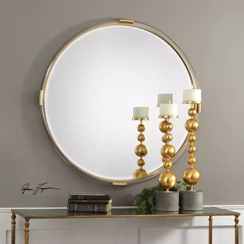 Specchio decorativo rotondo da parete Uttermost per trucco, smussato, metallico oro, acrilico trasparente, cornice in legno, largo 37 1/2 pollici per bagno o camera da letto