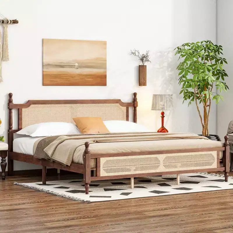 MAYEERTY Letto King in Legno di Pino con Testiera e Pediera in Rattan Marrone