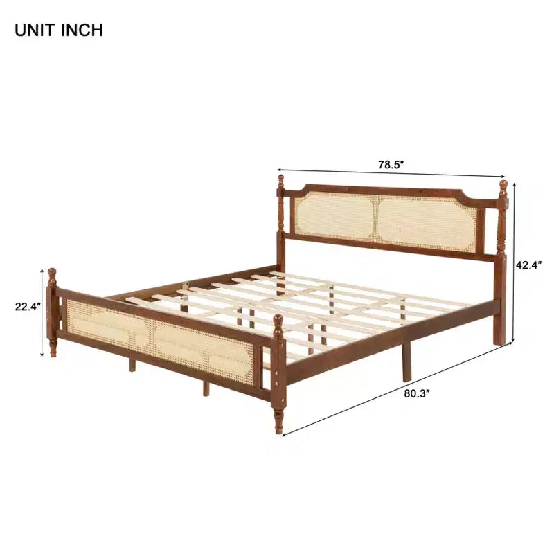 MAYEERTY Letto King in Legno di Pino con Testiera e Pediera in Rattan Marrone