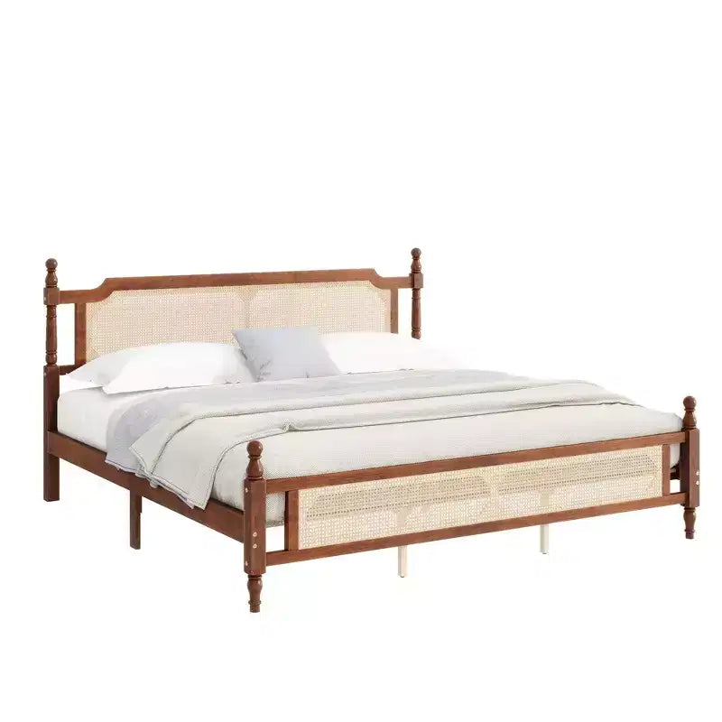 MAYEERTY Letto King in Legno di Pino con Testiera e Pediera in Rattan Marrone