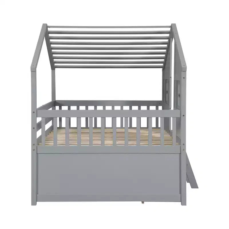 Letto a soppalco Whisen Full Size con tetto, finestre, 4 cassetti e ringhiere di protezione per bambini